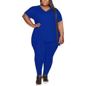 Nhicdns Plus Size Lounge Set Women's Short Sleeve V Neck Tops Workout Pants 2 piece Summer Outfits