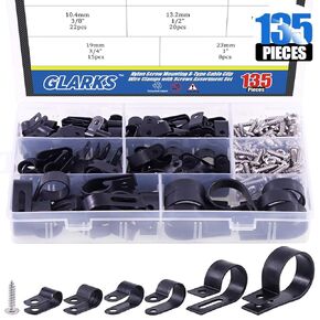 Glarks 135Pcs 6 Sizes 1/4''-1'' Black Nylon Screw Mounting R-Type Cable Clip Wire Clamp with 132Pcs Screws for Wire, Cable, Conduit and Cable Conduit Kit (Black)
