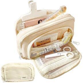 Big Capacity Pencil Case Large Three-ply Zipper Pen Pouch Office School Stationery Supplies for Teen Girls Boys Students (Beige)