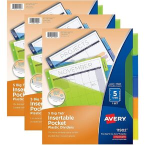 Avery Big Tab Insertable Plastic Dividers with Pockets, 5 Multicolor Tabs, Pack of 3 (11902)