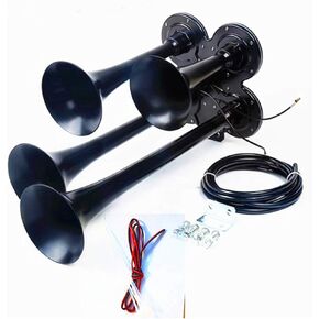 Car Horn Solenoid Valve Car Speaker Electric Control Electric Horn Air Horn Waterproof Whistle Four Tube Black Suitable Auto Horn for Any 12V Vehicles Trucks Trailers Vehicles Trains Boat ect