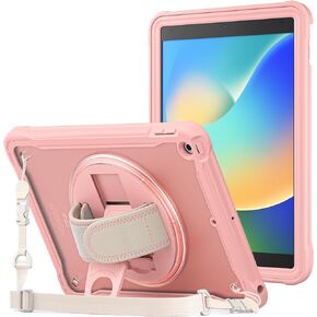 حافظة متينة لجهاز iPad 9th/8th/7th Generation 10.2 بوصة 2021/2020/2019، غطاء متين مقاوم للصدمات مع حزام يد قابل للدوران 360 درجة واقي لجهاز iPad 10.2 - وردي in Kuwait