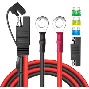 Goupchn SAE Battery Connector, SAE to O Ring Terminal Harness 10AWG 2Pin Quick Disconnect SAE Battery Extension Cable with SAE RP Adapter, 15A/20A/30A Fuses 2ft for Solar Panel, Motorcycle, Car, RV