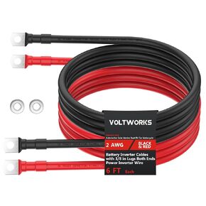 VOLTWORKS 2 AWG Gauge Red + Black Pure Copper Battery Inverter Cables Solar, RV, Car, Boat 6ft 3/8 in Lugs