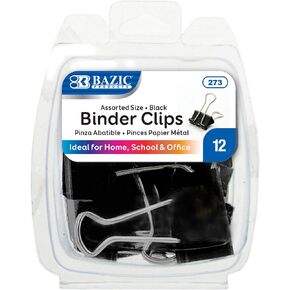 BAZIC Binder Clips Assorted Size Black, Small Medium Large Paper Clamps Paper Clip, Paperclips for Office School Supplies Home (12/Pack), 1-Pack