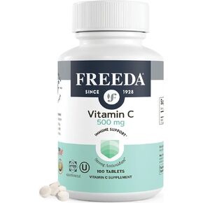 FREEDA Vitamin C - Vegan Vitamin C 500mg - Kosher - Powerful Antioxidant Immune Support - Easy to Swallow Vitamins C Tablets as Ascorbic Acid - Pure Vitamin C 500 mg - Vit C Supplement (100 Count)