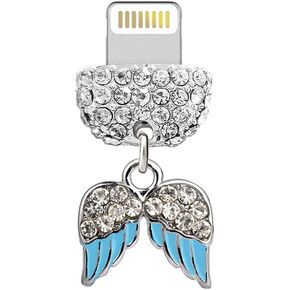 ELISE & FONDA CP442 USB Charging Port Crystal Anti Dust Plug Little Angel Wing Phone Charm for iPhone 13/12/11/ XS MAX/XR/X/8 Plus/7/6S/8/SE iPad iPod (Blue)