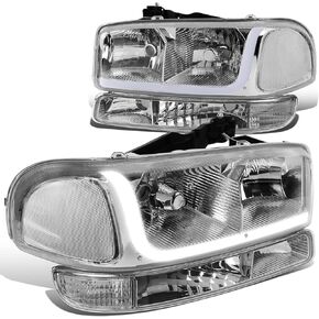 DNA Motoring HL-LB-SIERRA99-CH-CL1 4PCs LED DRL Strip Headlight+Bumper Lamp[99-07 GMC Sierra/Yukon],Chrome Clear