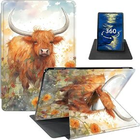 Case for 6.8" Kindle Paperwhite (11th Generation 2021) and Kindle Paperwhite Signature Edition PU Leather 360 Degree Rotating Swivel Stand Smart Cover with Auto Wake/Sleep, Art Cat Watercolor