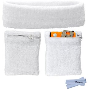Sports Sweatband Set Including 1 Pack Headband and 2 Pack Wristbands with Zipper Pocket/Wallet for Cycling, Running, Tennis, Basketball and More