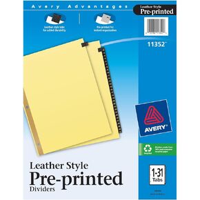 Avery Gold Reinforced Leather Tab Dividers, 31-Tab, 1-31, Letter Size, Black, 31 per Set (11352)