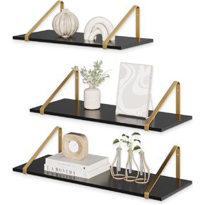 RRG Acrylic Floating Shelves for Wall Decor Set of 3, Gold Wall Shelf with Metal Brackets, Wall Storage Shelves for Bedroom, Living Room, Bathroom, Kitchen (Black,16in/14in/12 in)