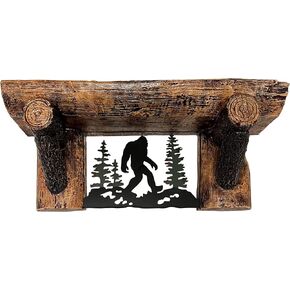 Top Brass Bigfoot Rustic Wooden Sawn Log Look Wall Shelf with Iconic Walking Sasquatch Metal Wilderness Art Scene - Unique Design - Cabin, Lodge Decor