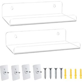 WANLIAN 8 Inch Acrylic Clear Shelves for Wall No Drilling, 2 Pack Small Floating Ledge Shelf with Adhesive, No Damage Mounted, Easily Expand Wall Space for Bedroom, Living Room, Bathroom