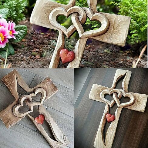 YunQin Carved Wooden Cross-Intertwined Hearts,Wall Hanging Hand Antique Design,Two Hearts Joined, Home Living Room Decor,Wall Art Gift for Friends Family (Red heart XXL) in Saudi Arabia
