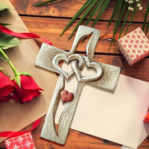 YunQin Carved Wooden Cross-Intertwined Hearts,Wall Hanging Hand Antique Design,Two Hearts Joined, Home Living Room Decor,Wall Art Gift for Friends Family (Red heart XXL) in Saudi Arabia