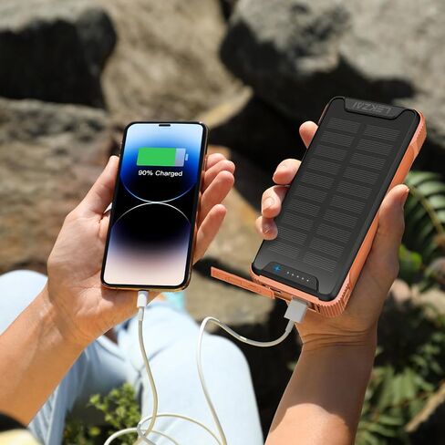 Lekzai Solar Charger Power Bank, Real Rated 10,000mAh Portable Wireless Fast Charger with USB-C PD 20W for for Cell Phones, External Battery Pack with LED Flashlight for Outdoor, Camping -Orange in Saudi Arabia
