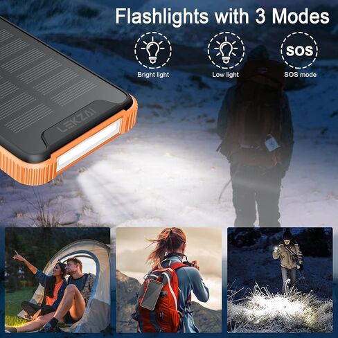 Lekzai Solar Charger Power Bank, Real Rated 10,000mAh Portable Wireless Fast Charger with USB-C PD 20W for for Cell Phones, External Battery Pack with LED Flashlight for Outdoor, Camping -Orange in Saudi Arabia