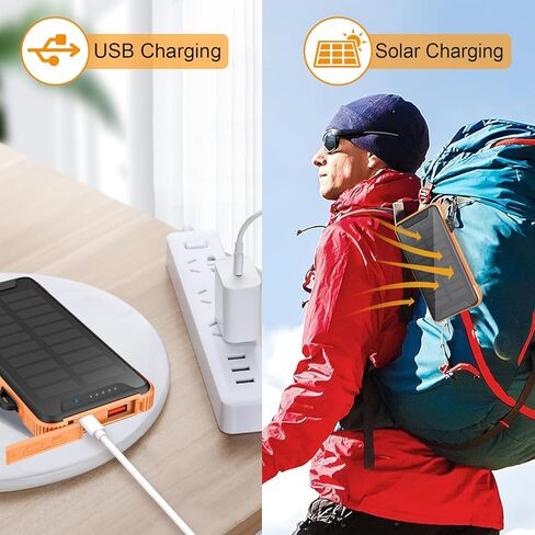 Lekzai Solar Charger Power Bank, Real Rated 10,000mAh Portable Wireless Fast Charger with USB-C PD 20W for for Cell Phones, External Battery Pack with LED Flashlight for Outdoor, Camping -Orange in Saudi Arabia