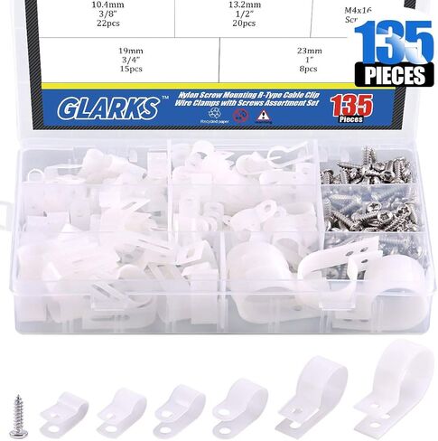 Glarks 135Pcs 6 Sizes 1/4''-1'' Black Nylon Screw Mounting R-Type Cable Clip Wire Clamp with 132Pcs Screws for Wire, Cable, Conduit and Cable Conduit Kit (Black) in Kuwait