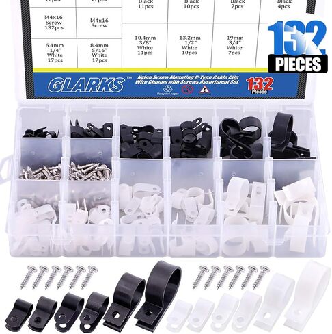 Glarks 135Pcs 6 Sizes 1/4''-1'' Black Nylon Screw Mounting R-Type Cable Clip Wire Clamp with 132Pcs Screws for Wire, Cable, Conduit and Cable Conduit Kit (Black) in Kuwait