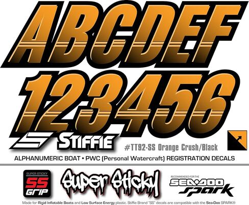 ملصقات أرقام تعريف التسجيل الرقمي من STIFFIE Techtron Orange Crush/Black Super Sticky مقاس 3 بوصات لـ Sea-Doo Spark، والقوارب القابلة للنفخ، والأضلاع، والهيبالون/PVC، وPWC والقوارب. in Kuwait