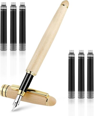 Wooden Fountain Pens, 0.5mm Handcrafted Maple Wood Fountain Pen Vintage Luxury Fine Point Pen Business Pen Smooth Writing Pens Includes 6 Ink Cartridges&Ink Refill Converter for Calligraphy in Saudi Arabia