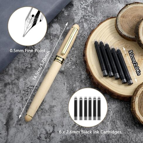 Wooden Fountain Pens, 0.5mm Handcrafted Maple Wood Fountain Pen Vintage Luxury Fine Point Pen Business Pen Smooth Writing Pens Includes 6 Ink Cartridges&Ink Refill Converter for Calligraphy in Saudi Arabia