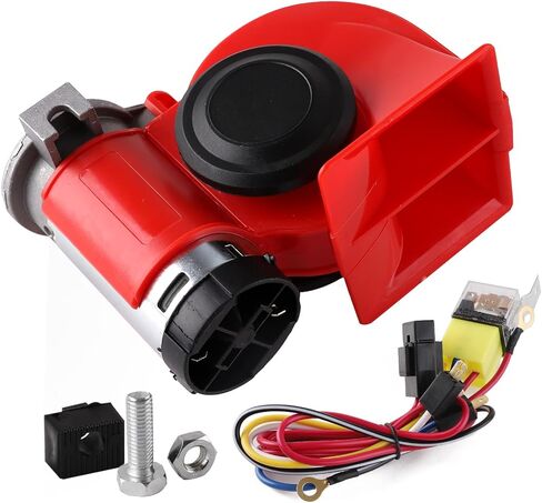 بوق هوائي للشاحنات، بوق القطار الكهربائي الحلزوني المدمج، بوق السيارة ذو مكبر الصوت الفائق 12 فولت 150 ديسيبل مع مجموعة أسلاك، وينطبق على أي مركبة أو شاحنة أو دراجة نارية 12 فولت (أحمر) in Kuwait