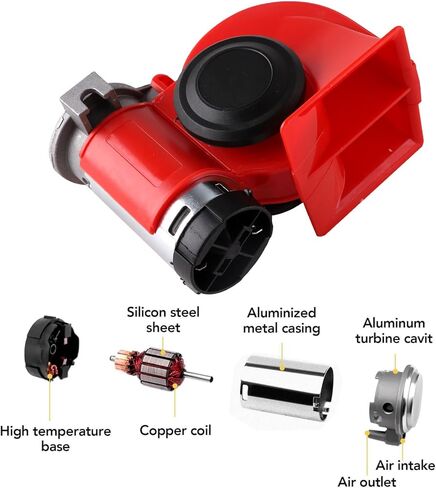 بوق هوائي للشاحنات، بوق القطار الكهربائي الحلزوني المدمج، بوق السيارة ذو مكبر الصوت الفائق 12 فولت 150 ديسيبل مع مجموعة أسلاك، وينطبق على أي مركبة أو شاحنة أو دراجة نارية 12 فولت (أحمر) in Kuwait
