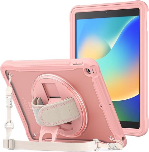 حافظة متينة لجهاز iPad 9th/8th/7th Generation 10.2 بوصة 2021/2020/2019، غطاء متين مقاوم للصدمات مع حزام يد قابل للدوران 360 درجة واقي لجهاز iPad 10.2 - وردي in Kuwait