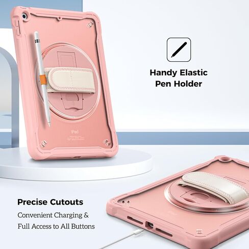 حافظة متينة لجهاز iPad 9th/8th/7th Generation 10.2 بوصة 2021/2020/2019، غطاء متين مقاوم للصدمات مع حزام يد قابل للدوران 360 درجة واقي لجهاز iPad 10.2 - وردي in Kuwait