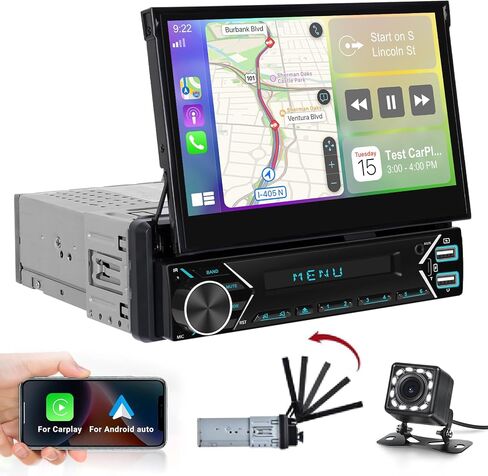 ستيريو سيارة أحادي الدين مع Apple Carplay اللاسلكي وAndroid Auto - راديو سيارة بشاشة لمس قابلة للطي 7 بوصة - بلوتوث/وصلة مرآة/SWC/FM + كاميرا احتياطية 12 مصباح LED in Kuwait