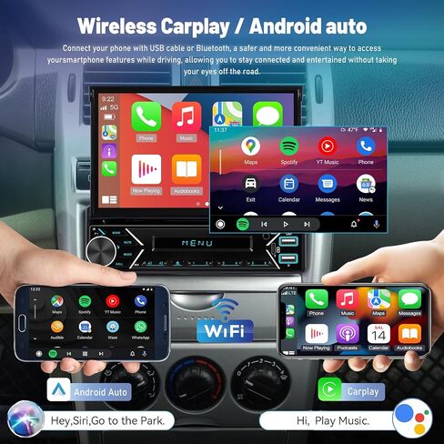 ستيريو سيارة أحادي الدين مع Apple Carplay اللاسلكي وAndroid Auto - راديو سيارة بشاشة لمس قابلة للطي 7 بوصة - بلوتوث/وصلة مرآة/SWC/FM + كاميرا احتياطية 12 مصباح LED in Kuwait