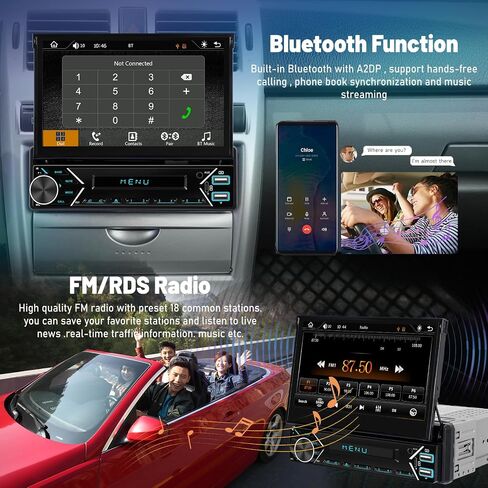 ستيريو سيارة أحادي الدين مع Apple Carplay اللاسلكي وAndroid Auto - راديو سيارة بشاشة لمس قابلة للطي 7 بوصة - بلوتوث/وصلة مرآة/SWC/FM + كاميرا احتياطية 12 مصباح LED in Kuwait