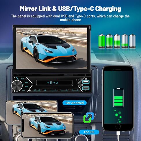 ستيريو سيارة أحادي الدين مع Apple Carplay اللاسلكي وAndroid Auto - راديو سيارة بشاشة لمس قابلة للطي 7 بوصة - بلوتوث/وصلة مرآة/SWC/FM + كاميرا احتياطية 12 مصباح LED in Kuwait