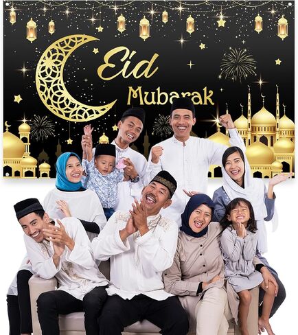 رمضان مبارك ديكورات خلفية للحفلات باللون الأسود والذهبي السعيد لافتة عيد مبارك رمضان مبارك خلفية لوازم الحفلات ديكور in Kuwait
