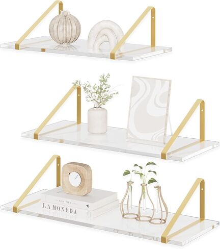 RRG Acrylic Floating Shelves for Wall Decor Set of 3, Gold Wall Shelf with Metal Brackets, Wall Storage Shelves for Bedroom, Living Room, Bathroom, Kitchen (Black,16in/14in/12 in) in Saudi Arabia