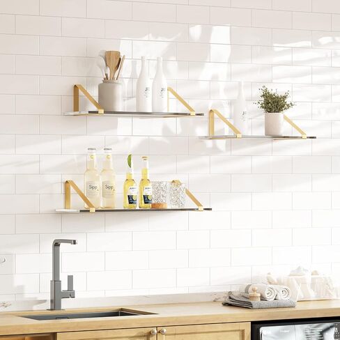 RRG Acrylic Floating Shelves for Wall Decor Set of 3, Gold Wall Shelf with Metal Brackets, Wall Storage Shelves for Bedroom, Living Room, Bathroom, Kitchen (Black,16in/14in/12 in) in Saudi Arabia