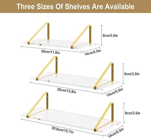 RRG Acrylic Floating Shelves for Wall Decor Set of 3, Gold Wall Shelf with Metal Brackets, Wall Storage Shelves for Bedroom, Living Room, Bathroom, Kitchen (Black,16in/14in/12 in) in Saudi Arabia