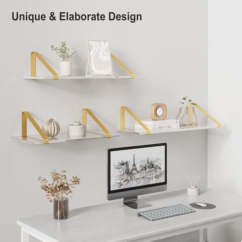 RRG Acrylic Floating Shelves for Wall Decor Set of 3, Gold Wall Shelf with Metal Brackets, Wall Storage Shelves for Bedroom, Living Room, Bathroom, Kitchen (Black,16in/14in/12 in) in Saudi Arabia