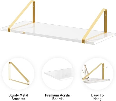 RRG Acrylic Floating Shelves for Wall Decor Set of 3, Gold Wall Shelf with Metal Brackets, Wall Storage Shelves for Bedroom, Living Room, Bathroom, Kitchen (Black,16in/14in/12 in) in Saudi Arabia