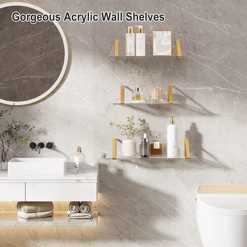 RRG Acrylic Floating Shelves for Wall Decor Set of 3, Gold Wall Shelf with Metal Brackets, Wall Storage Shelves for Bedroom, Living Room, Bathroom, Kitchen (Black,16in/14in/12 in) in Saudi Arabia