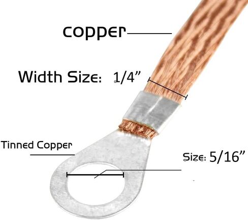 الأشرطة الأرضية النحاس مضفر سلك التأريض السيارات اتصال 1/4 "عرض مسطح مع 5/16" حلقات العروات الطرفية (8 بوصة - 12 قطعة) in Kuwait