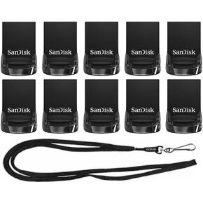 SanDisk 16GB (10 Pack) Ultra Fit USB 3.2 Mini Flash Drive 130MB/s SDCZ430-016G Bundle with (1) GoRAM Lanyard, Black