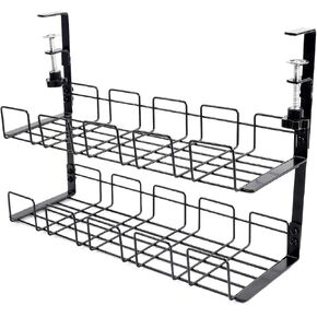 Metal Under Desk Cable Management Tray No Drill, 2-storey, Retractable Power Strip Holder with Clamps Tray with Desk Wire Management and Cord Organizer for Home Office (Black, 2L)