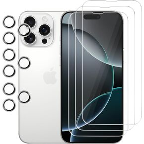 3 Pack Screen Protector for iPhone 13 with 3 Pack Camera Lens Protector, HD Tempered Glass, 9H Hardness, Full Coverage, Scratch-Resistant, Waterproof, Bubble-Free