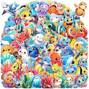 100Pcs Cartoon Ocean Animal Stickers Pack for Kids Teens Adults, Cute Sea Life Waterproof Vinyl Decals Under The Sea Fish Turtle Stickers for Water Bottles, Party Favors Classroom Teacher Rewards