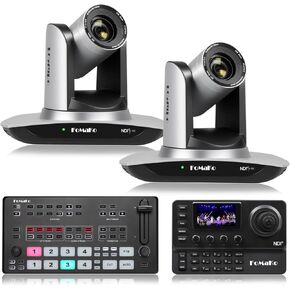 FoMaKo NDI Camera, AI Auto Tracking HDMI PTZ Camera, 20x Optical Zoom(2pcs),KC606N PTZ Controller,M1 Video Mixer Switcher,for Church Worship Education Conference Events(FMK20UH NDIX2+KC606N+M1)