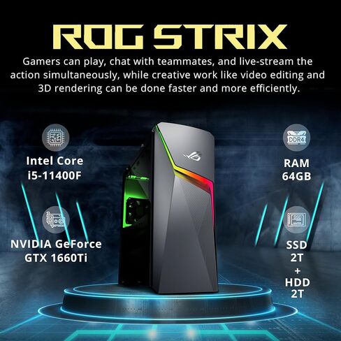 ASUS ROG Gaming Desktop ، Intel I5-11400F Processor ، 64GB DDR4 RAM ، 2TB PCIE SSD + 2TB HDD ، NVIDIA GEFORCE GTX 1660TI 6GB DDR6 ، WIFI 6 ، Win 11 ، Gray ، 32GB Hotface USB Card in Saudi Arabia